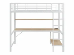 Hauss Spole Cama alta tipo mezzanine 90x200 cm de metal – con barandilla, escalera, USB y enchufe, LED, escritorio y estantería integrada – Blanca (sin colchón) Blanco