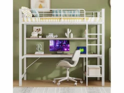 Hauss Spole Cama alta tipo mezzanine 90x200 cm de metal – con barandilla, escalera, USB y enchufe, LED, escritorio y estantería integrada – Blanca (sin colchón) Blanco