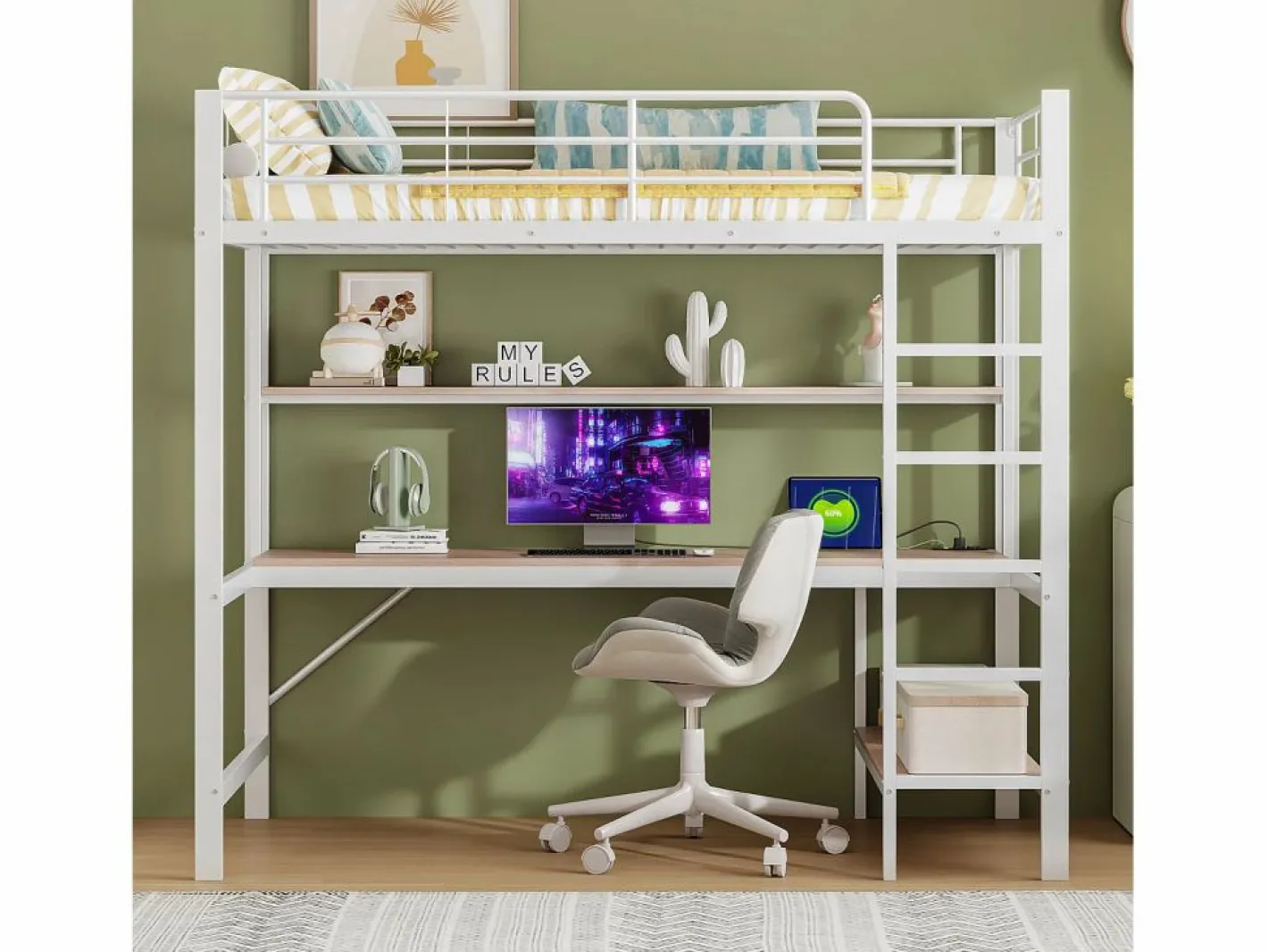 Hauss Spole Cama alta tipo mezzanine 90x200 cm de metal – con barandilla, escalera, USB y enchufe, LED, escritorio y estantería integrada – Blanca (sin colchón) Blanco