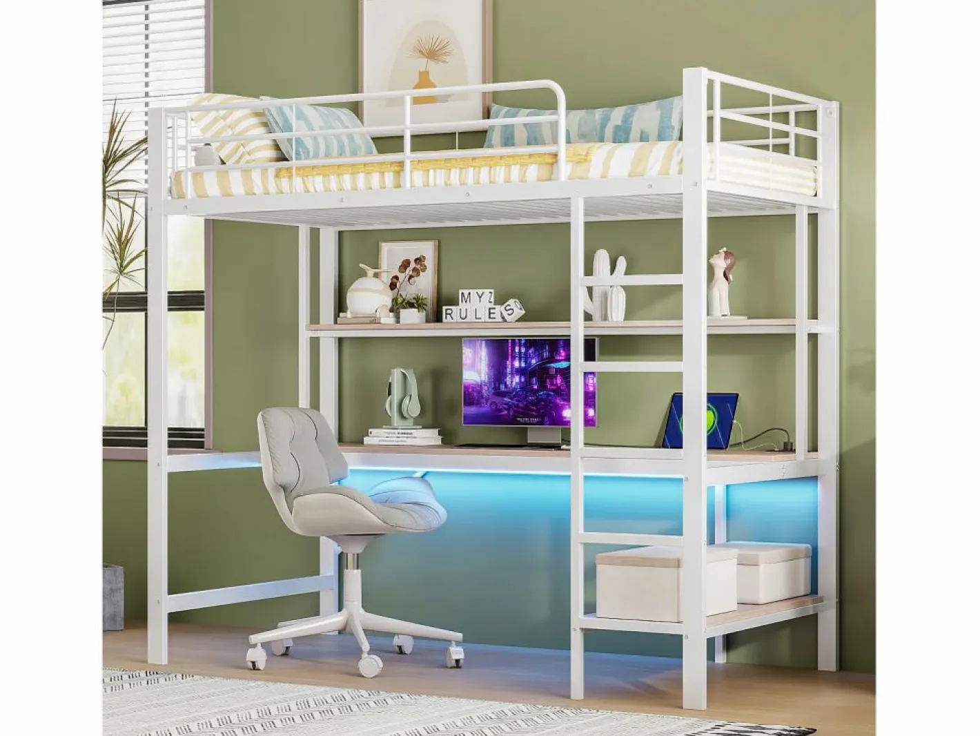 Hauss Spole Cama alta tipo mezzanine 90x200 cm de metal – con barandilla, escalera, USB y enchufe, LED, escritorio y estantería integrada – Blanca (sin colchón) Blanco