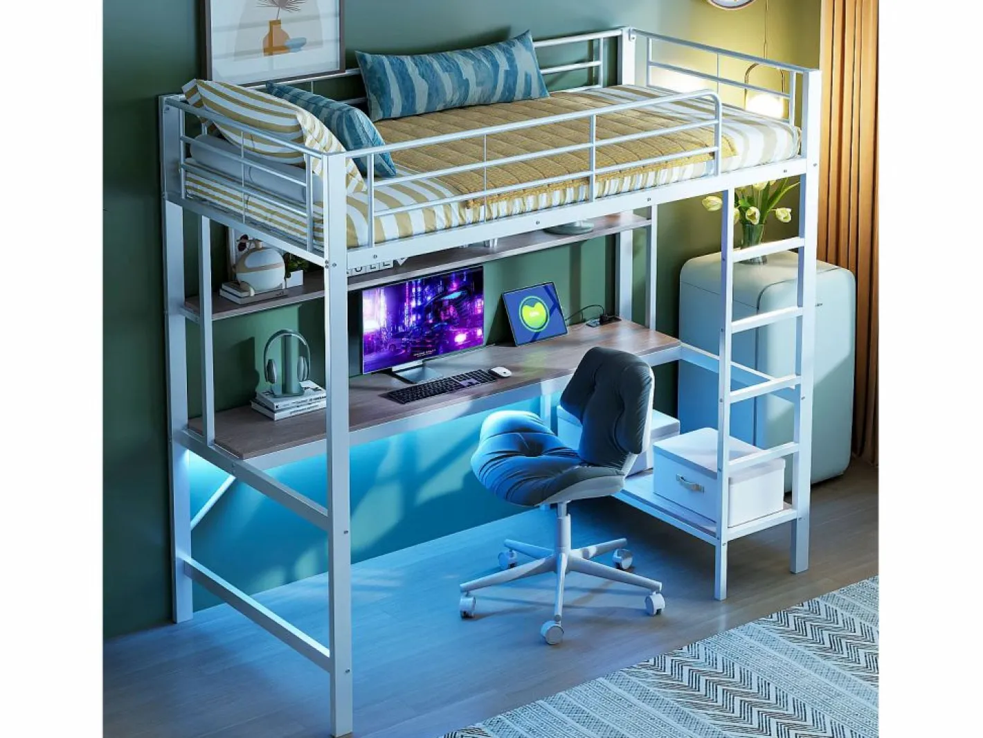 Hauss Spole Cama alta tipo mezzanine 90x200 cm de metal – con barandilla, escalera, USB y enchufe, LED, escritorio y estantería integrada – Blanca (sin colchón) Blanco