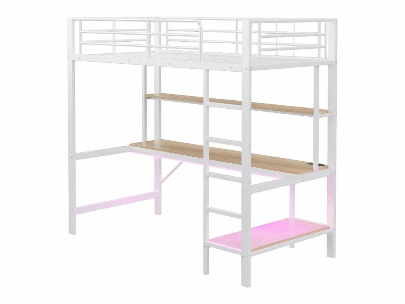 Hauss Spole Cama alta tipo mezzanine 90x200 cm de metal – con barandilla, escalera, USB y enchufe, LED, escritorio y estantería integrada – Blanca (sin colchón) Blanco