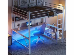 Cama alta 140x200 cm - con barreras - con escalera - con USB y enchufes - con luz LED - con escritorio + estantes de varios niveles - (sin colchón)^ModernLuxe Sale