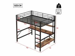 Cama alta 140x200 cm - con barreras - con escalera - con USB y enchufes - con luz LED - con escritorio + estantes de varios niveles - negra (sin colchón)^ModernLuxe Hot