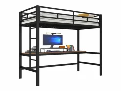 ModernLuxe Cama Alta|Cama alta 90x200 cm - con barreras - con escalera - mesa con USB y enchufes - tira de luz cableada - metal - (colchón no incluido)
