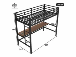 ModernLuxe Cama Alta|Cama alta 90x200 cm - con barreras - con escalera - mesa con USB y enchufes - tira de luz cableada - metal - (colchón no incluido)