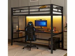 ModernLuxe Cama Alta|Cama alta 90x200 cm - con barreras - con escalera - mesa con USB y enchufes - tira de luz cableada - metal - (colchón no incluido)