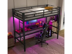 ModernLuxe Cama Alta|Cama alta 90x200 cm - con barreras - con escalera - mesa con USB y enchufes - tira de luz cableada - metal - (colchón no incluido)