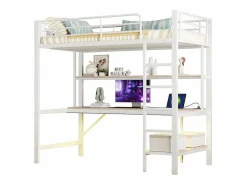 ModernLuxe Cama Alta|Cama alta 90x200 cm - con barreras - con escalera - con USB y enchufes - con luz LED - con escritorio + estantes de varios niveles - (sin colchón)