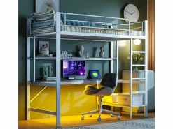 ModernLuxe Cama Alta|Cama alta 90x200 cm - con barreras - con escalera - con USB y enchufes - con luz LED - con escritorio + estantes de varios niveles - (sin colchón)