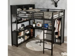 ModernLuxe Cama alta 140x200 cm - con escritorio y estante de almacenamiento - con guardarropa - con escalera - Metal + tableros de partículas - Negro Hot