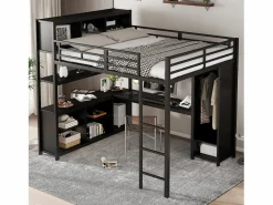 ModernLuxe Cama alta 140x200 cm - con escritorio y estante de almacenamiento - con guardarropa - con escalera - Metal + tableros de partículas - Negro Hot