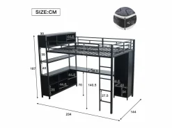 ModernLuxe Cama alta 140x200 cm - con escritorio y estante de almacenamiento - con guardarropa - con escalera - Metal + tableros de partículas - Negro Hot