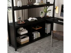 ModernLuxe Cama alta 140x200 cm - con escritorio y estante de almacenamiento - con guardarropa - con escalera - Metal + tableros de partículas - Negro Hot