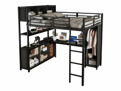 ModernLuxe Cama alta 140x200 cm - con escritorio y estante de almacenamiento - con guardarropa - con escalera - Metal + tableros de partículas - Negro Hot