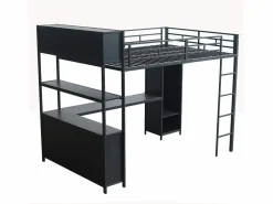 ModernLuxe Cama alta 140x200 cm - con escritorio y estante de almacenamiento - con guardarropa - con escalera - Metal + tableros de partículas - Negro Hot