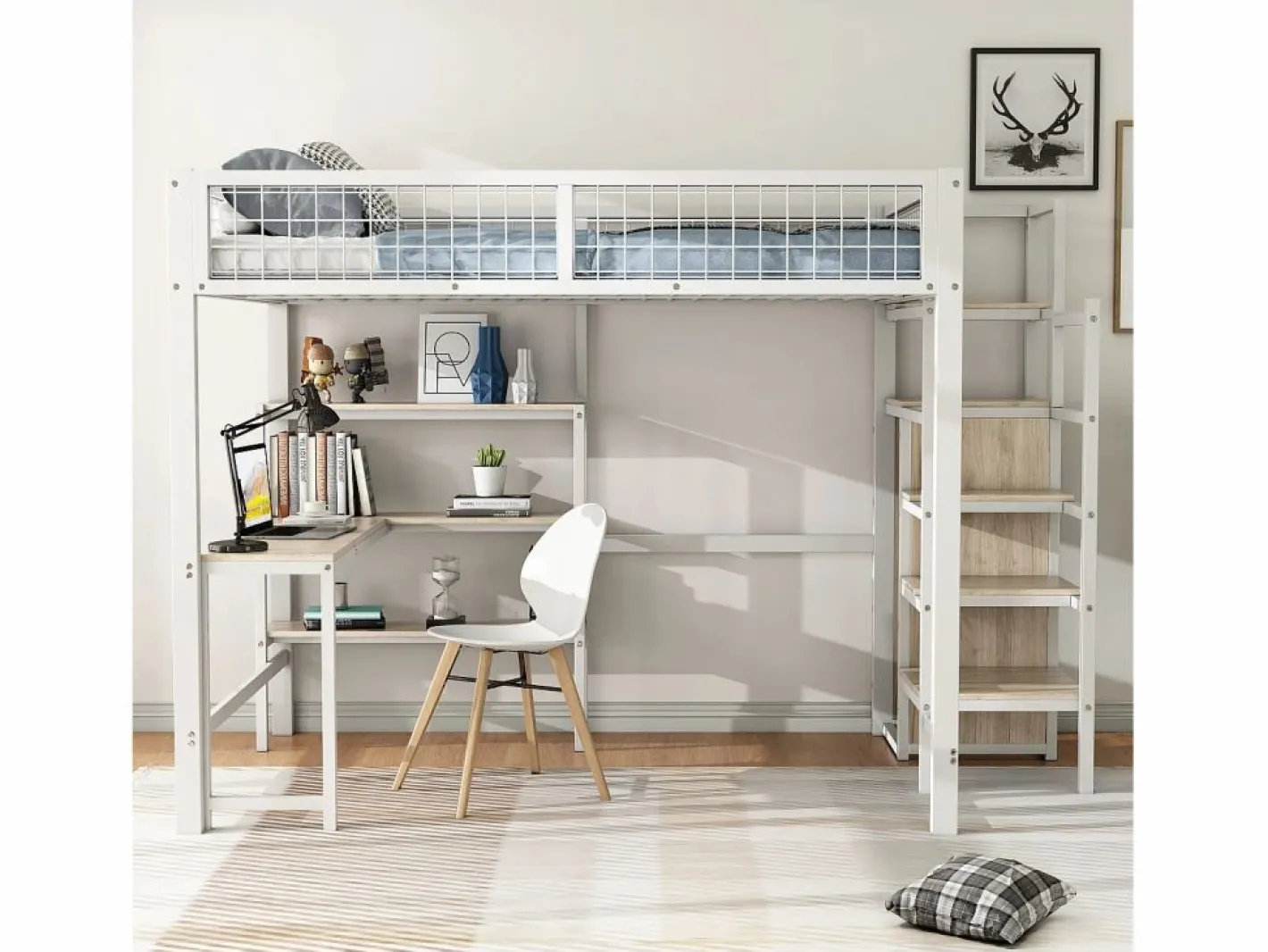 ModernLuxe Cama Alta|Cama alta 140x200 cm - estructura de hierro - con escritorio y estantes -