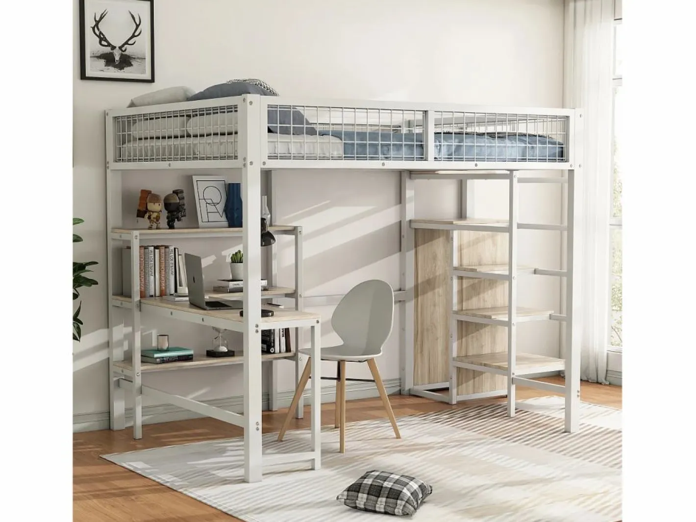 ModernLuxe Cama Alta|Cama alta 140x200 cm - estructura de hierro - con escritorio y estantes -