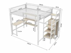 ModernLuxe Cama Alta|Cama alta 140x200 cm - estructura de hierro - con escritorio y estantes -