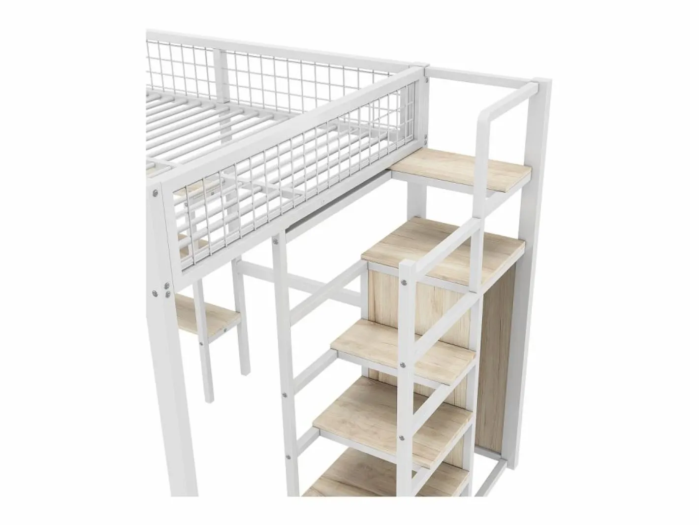 ModernLuxe Cama Alta|Cama alta 140x200 cm - estructura de hierro - con escritorio y estantes -