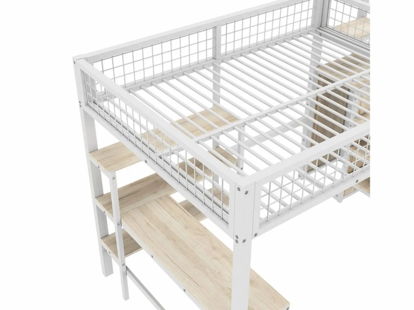 ModernLuxe Cama Alta|Cama alta 140x200 cm - estructura de hierro - con escritorio y estantes -