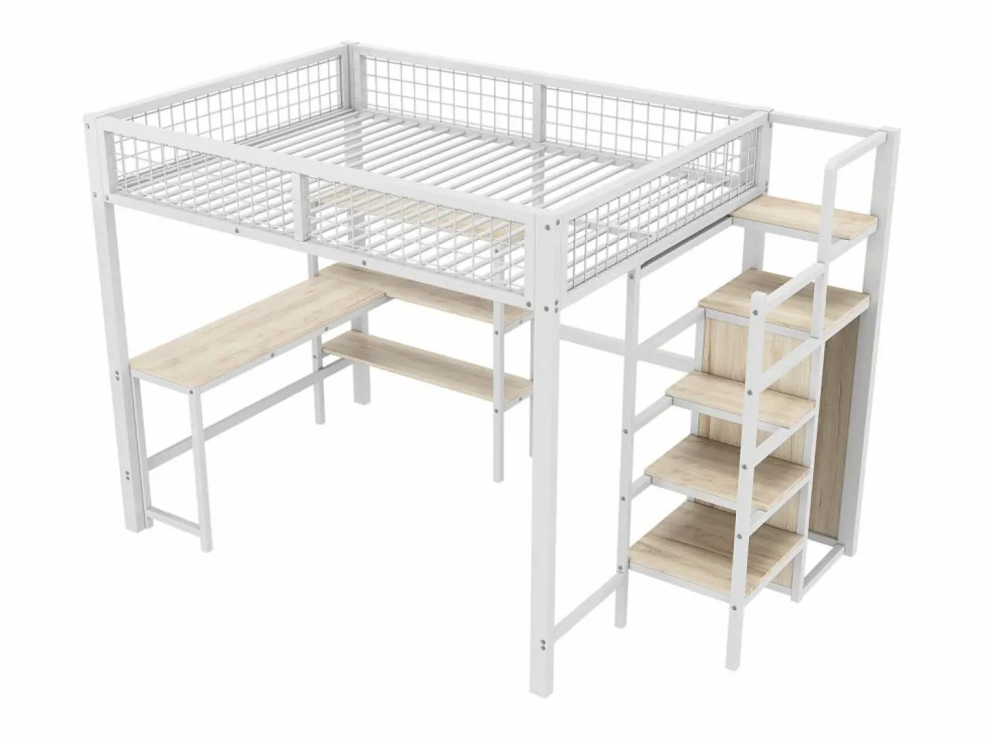ModernLuxe Cama Alta|Cama alta 140x200 cm - estructura de hierro - con escritorio y estantes -