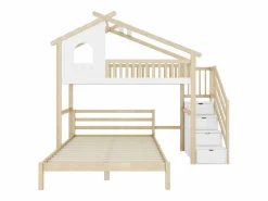 Cama alta 90x200 cm, barandillas, escalera con almacenaje, ventana, estructura de casa, cama inferior 140x200 cm /natural^ New