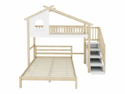 Cama alta 90x200 cm, barandillas, escalera con almacenaje, ventana, estructura de casa, cama inferior 140x200 cm /natural^ New