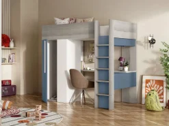 Cama alta 90x200 cm con armario y escritorio en azul y blanco + colchón - NICOLAS^Vente-unique