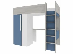 Cama alta 90x200 cm con armario y escritorio en azul y blanco + colchón - NICOLAS^Vente-unique