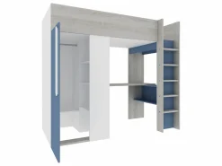 Cama alta 90x200 cm con armario y escritorio en azul y blanco + colchón - NICOLAS^Vente-unique