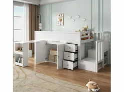 Merax Cama Alta|Cama alta 90x200 cm con escritorio deslizante, armario y 3 cajones - MDF - (sin colchón)