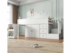 Merax Cama Alta|Cama alta 90x200 cm con escritorio deslizante, armario y 3 cajones - MDF - (sin colchón)