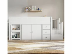 Merax Cama Alta|Cama alta 90x200 cm con escritorio deslizante, armario y 3 cajones - MDF - (sin colchón)