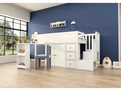 Merax Cama Alta|Cama alta 90x200 cm con escritorio deslizante, armario y 3 cajones - MDF - (sin colchón)