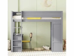 Merax Cama Alta|Cama alta 90x200 cm con escritorio + 2 cajones - Armario con puerta corredera - Madera MDF -