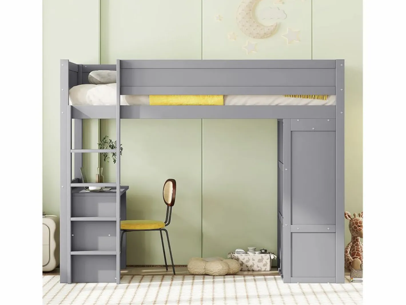 Merax Cama Alta|Cama alta 90x200 cm con escritorio + 2 cajones - Armario con puerta corredera - Madera MDF -