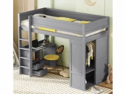 Merax Cama Alta|Cama alta 90x200 cm con escritorio + 2 cajones - Armario con puerta corredera - Madera MDF -