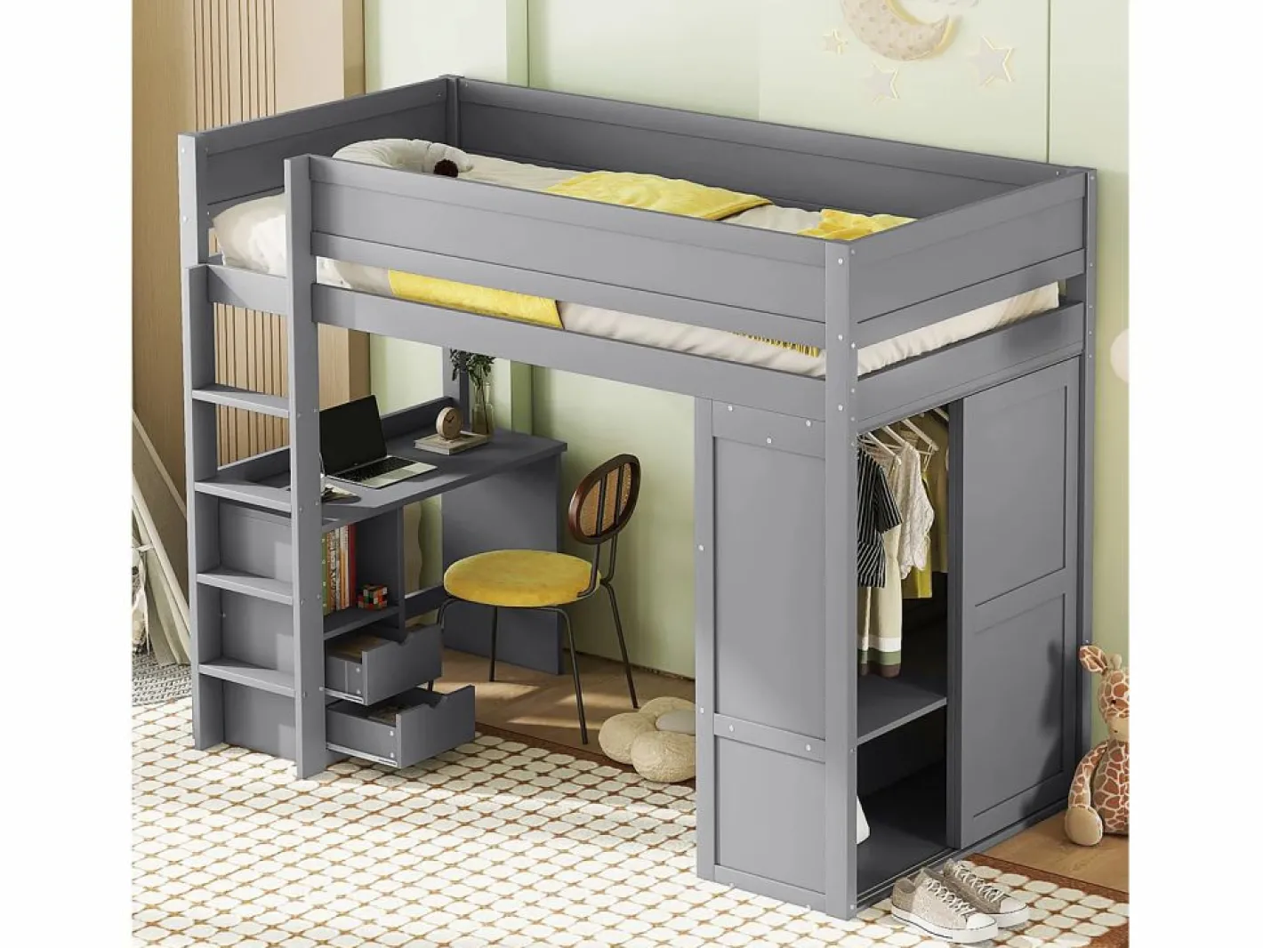 Merax Cama Alta|Cama alta 90x200 cm con escritorio + 2 cajones - Armario con puerta corredera - Madera MDF -