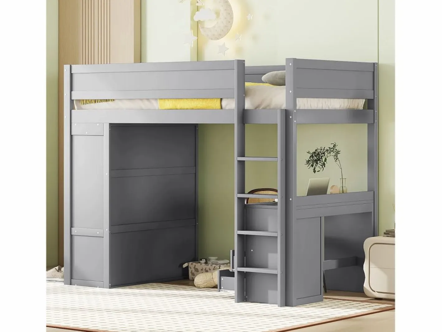 Merax Cama Alta|Cama alta 90x200 cm con escritorio + 2 cajones - Armario con puerta corredera - Madera MDF -