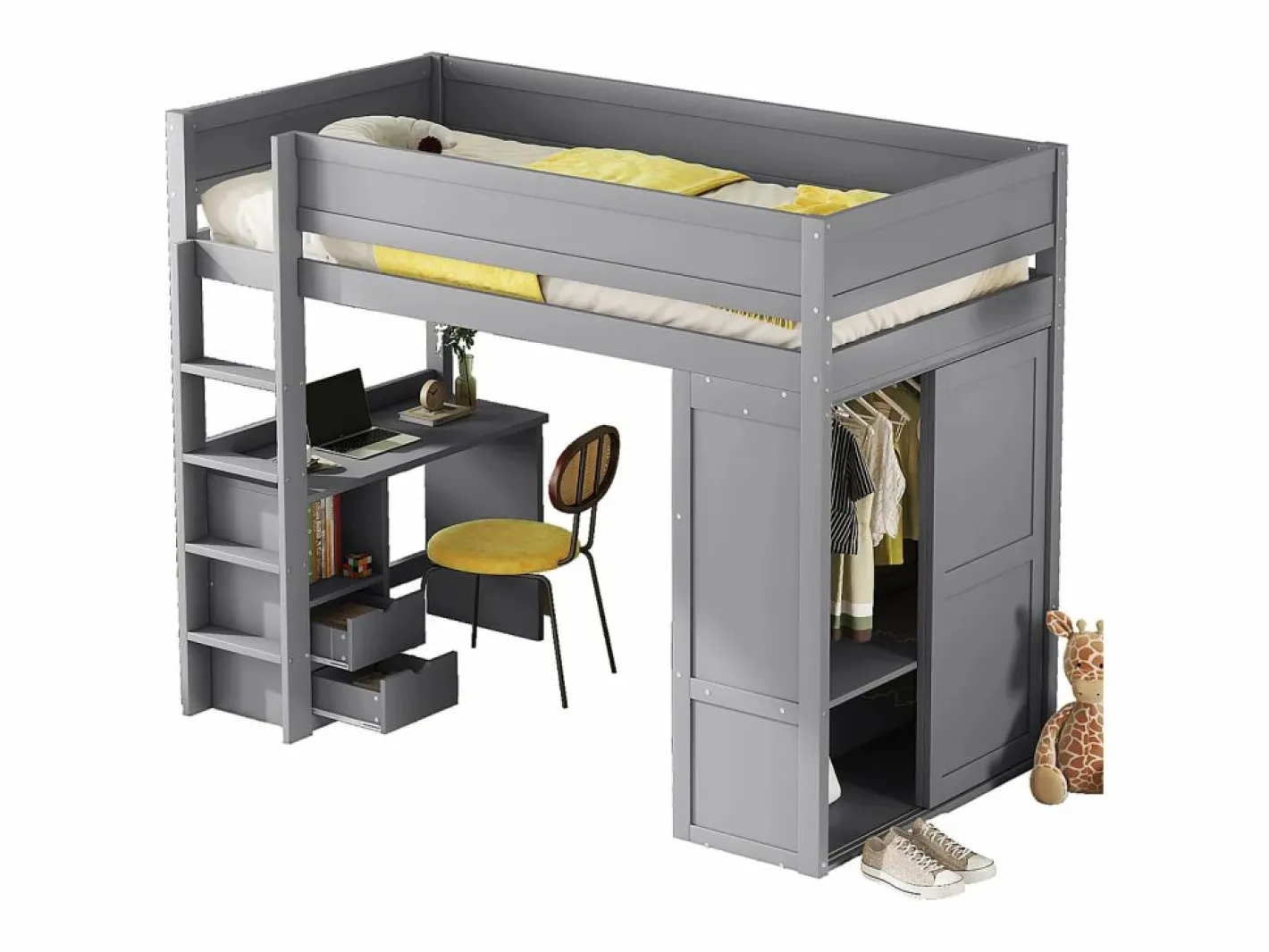 Merax Cama Alta|Cama alta 90x200 cm con escritorio + 2 cajones - Armario con puerta corredera - Madera MDF -