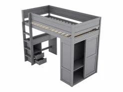 Merax Cama Alta|Cama alta 90x200 cm con escritorio + 2 cajones - Armario con puerta corredera - Madera MDF -