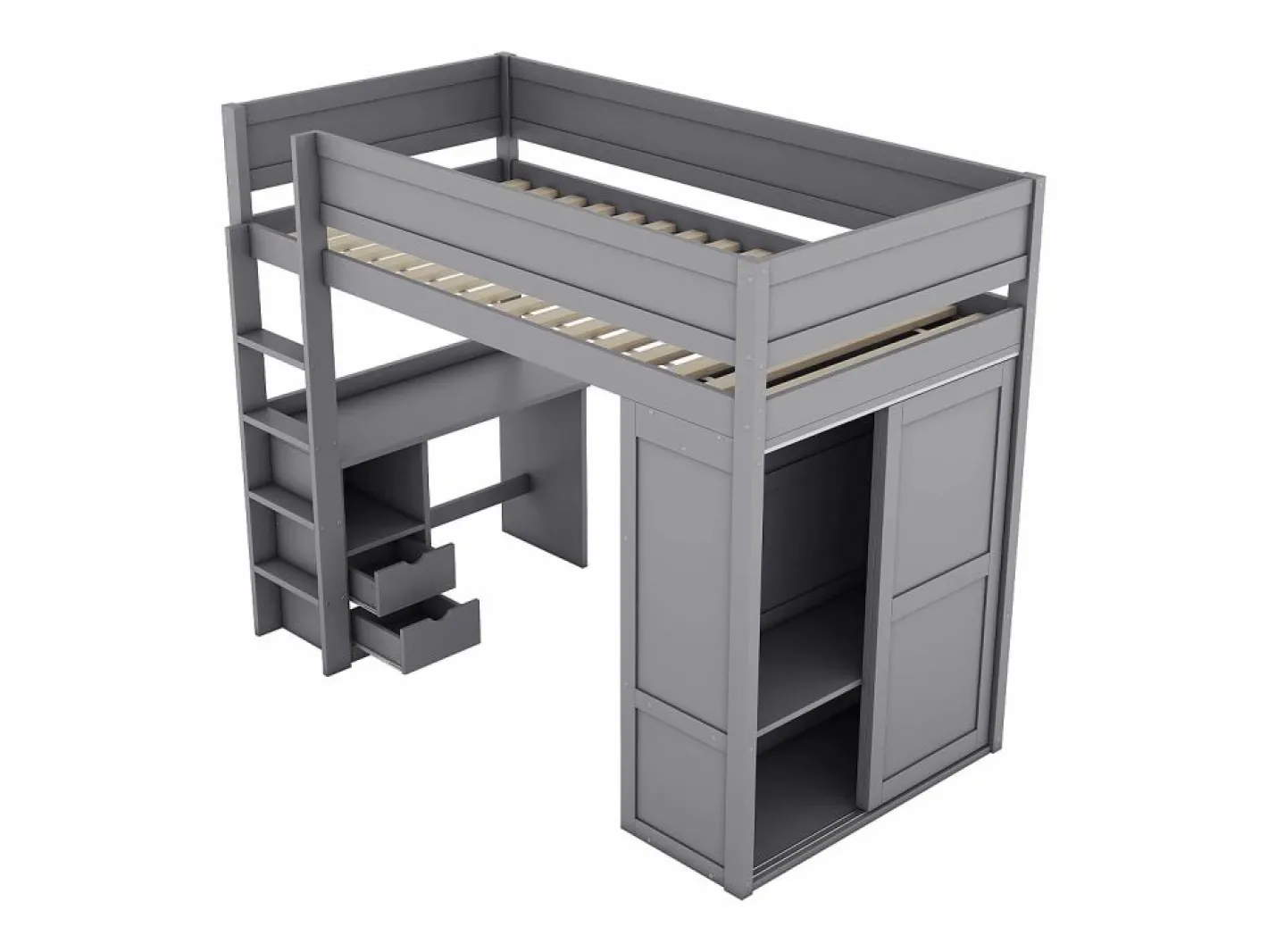 Merax Cama Alta|Cama alta 90x200 cm con escritorio + 2 cajones - Armario con puerta corredera - Madera MDF -