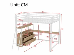 Cama alta 140x200cm - escritorio esquinero con cajones - en MDF y metal -^ModernLuxe