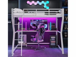 ModernLuxe Cama alta 90x200cm con LED y enchufes - escritorio + escalera - Blanco Hot