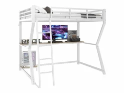 ModernLuxe Cama alta 90x200cm con LED y enchufes - escritorio + escalera - Blanco Hot
