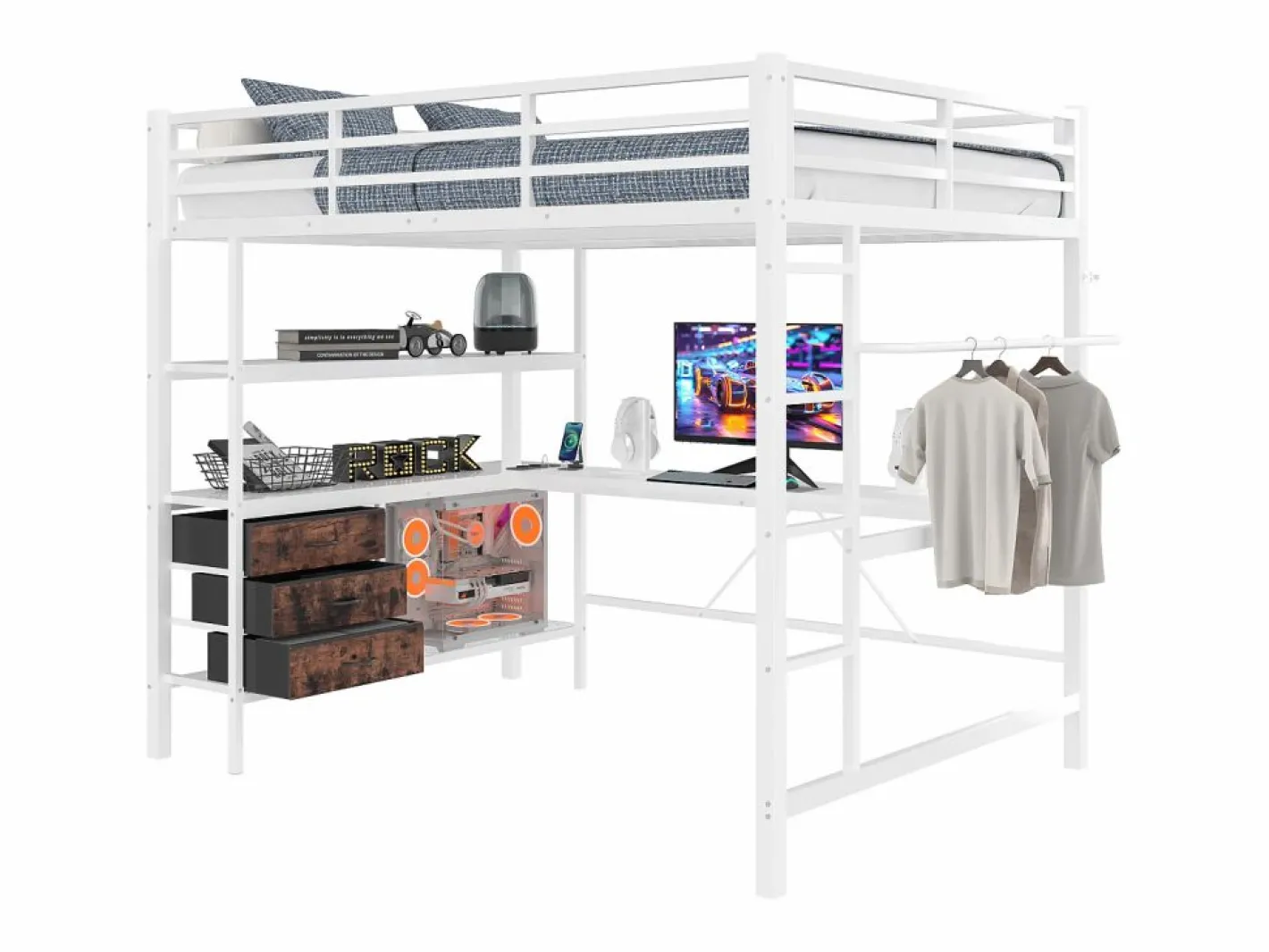 Cama alta 140x200cm con LED y enchufes - escritorio con 3 cajones y balda -^ModernLuxe Sale