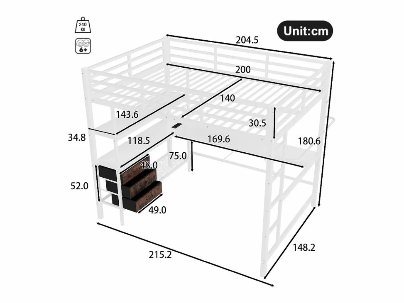 Cama alta 140x200cm con LED y enchufes - escritorio con 3 cajones y balda -^ModernLuxe Sale