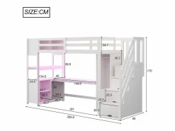 Cama altillo 90×200 cm - con armario y escritorio - escalera con almacenamiento - con tomas de corriente y LED -^ModernLuxe Outlet