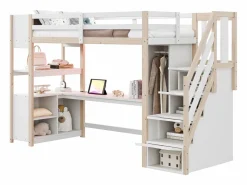 Cama altillo 90×200 cm - con armario y escritorio - escalera con almacenamiento - con tomas de corriente y LED -^ModernLuxe Outlet